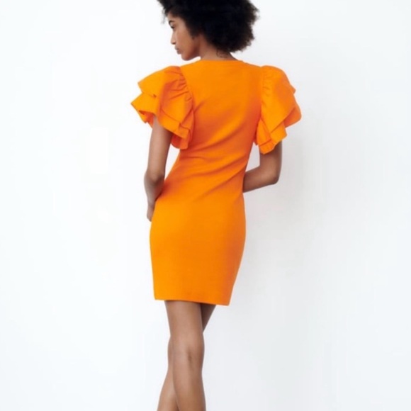 Zara Orange Ruffled Rib Dress Size Small - Picture 6 of 6